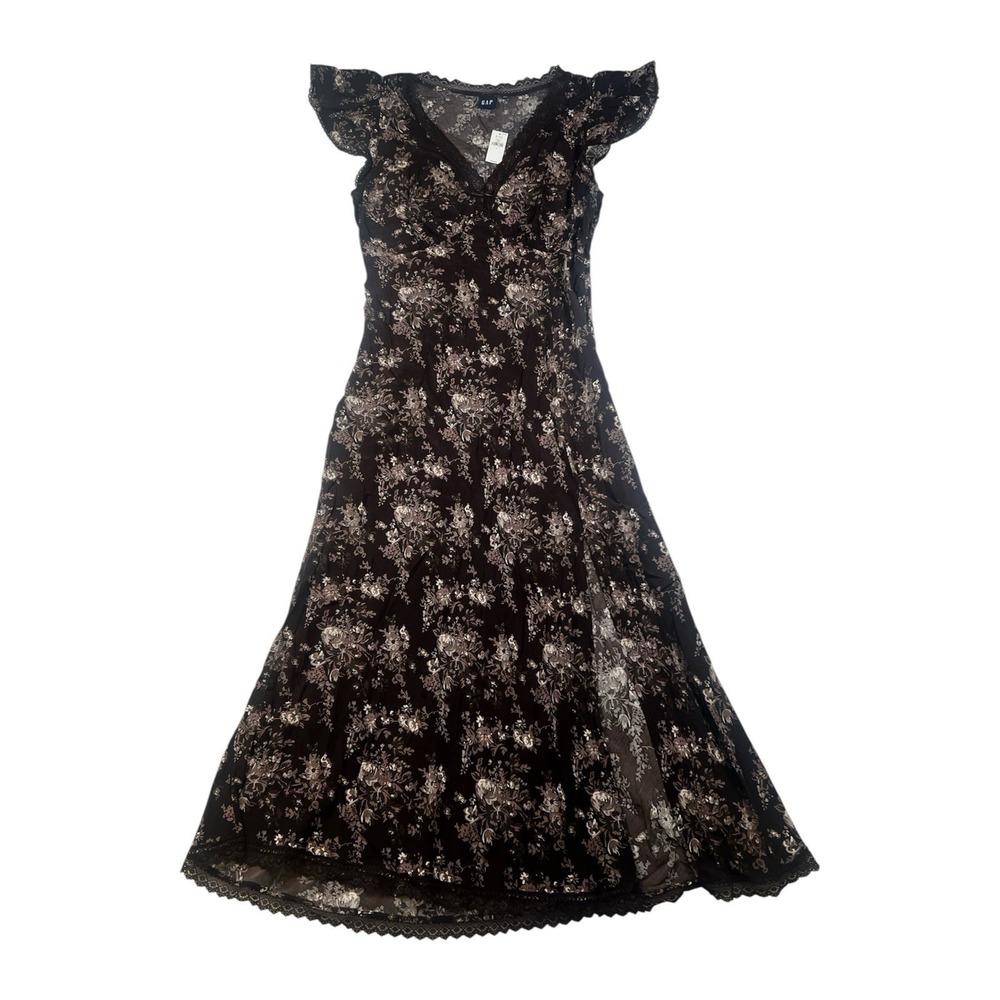 NWT Gap Woven V Neck Flutter Sleeve Maxi Dress Chocolate Floral Lace Size L